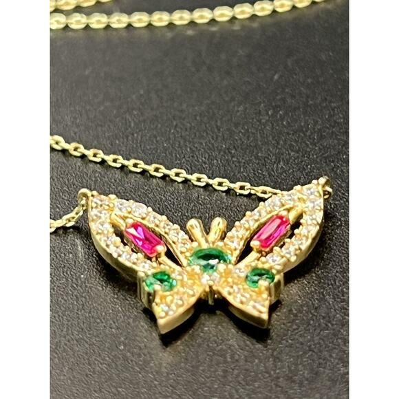 14k Gold Butterfly Multi Colored Gemstone 18in Necklace - Picture 6 of 15